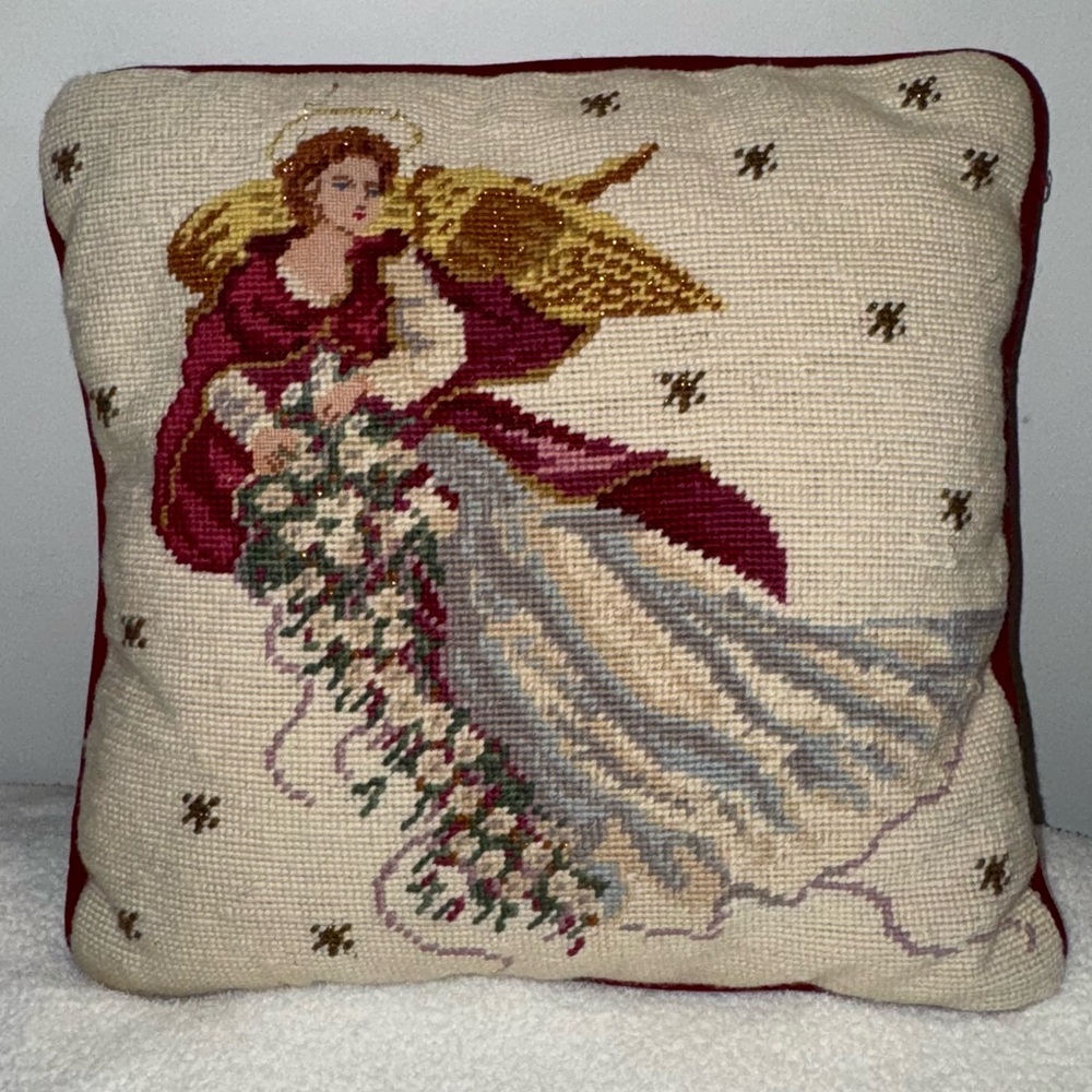 Vintage Needlepoint Holiday Angel Pillow